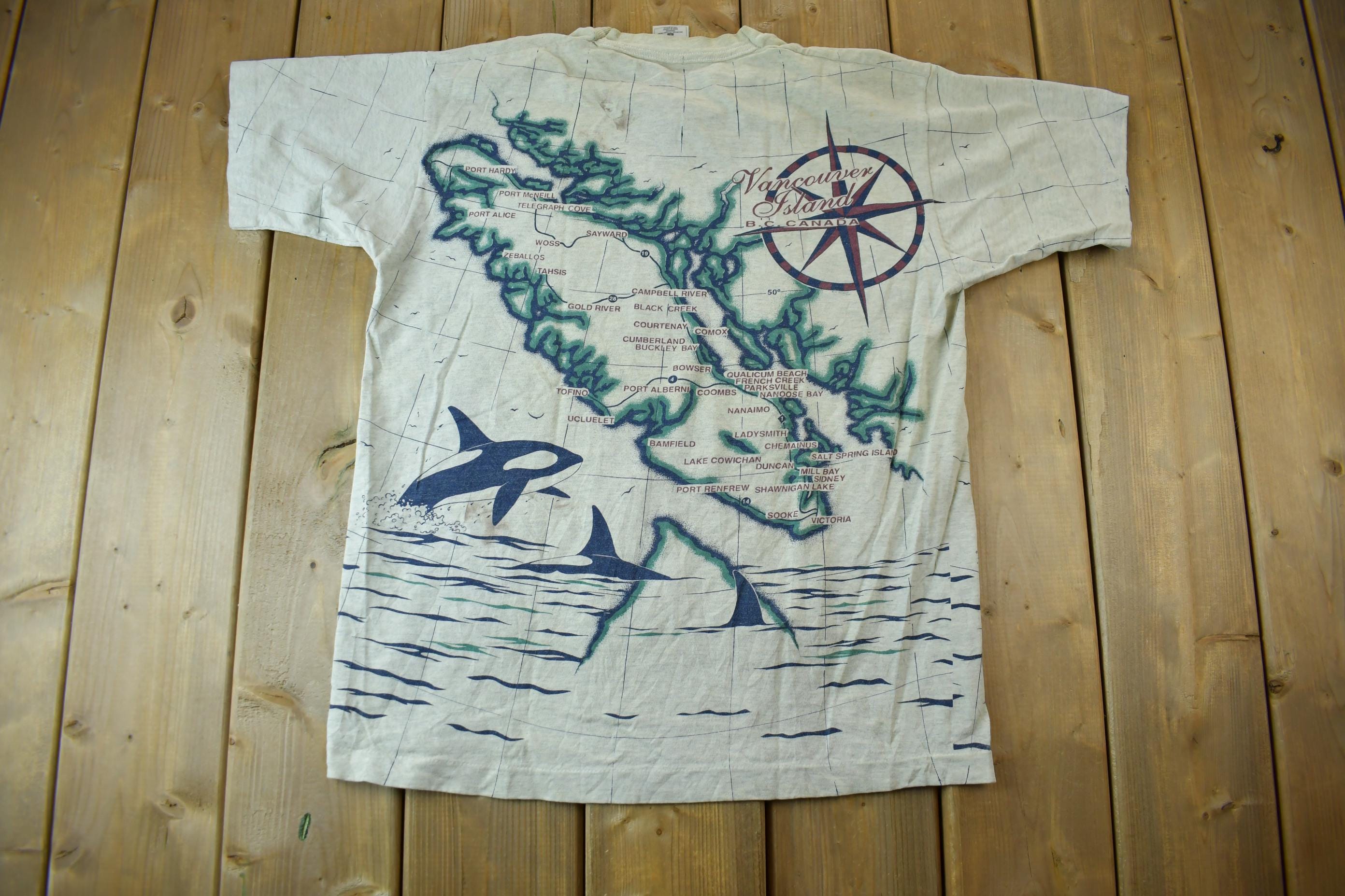 Vintage 1991 Vancouver Island All Over Print Map Graphic T Shirt