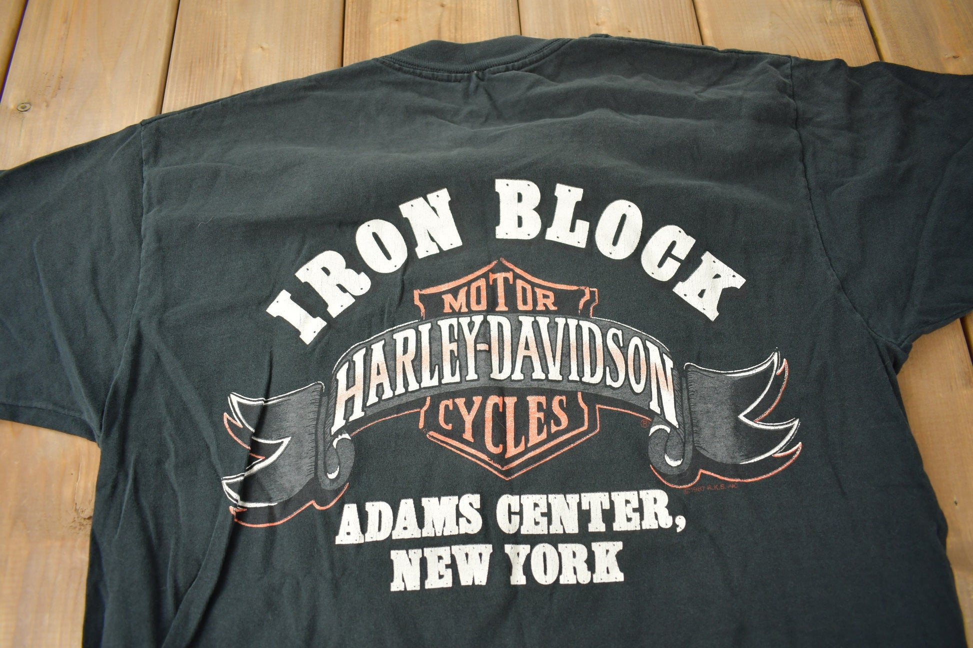 Vintage 1987 Harley Davidson Motorcycles Iron Block Adams Center New York Single Stitch Graphic T-Shirt Made In USA