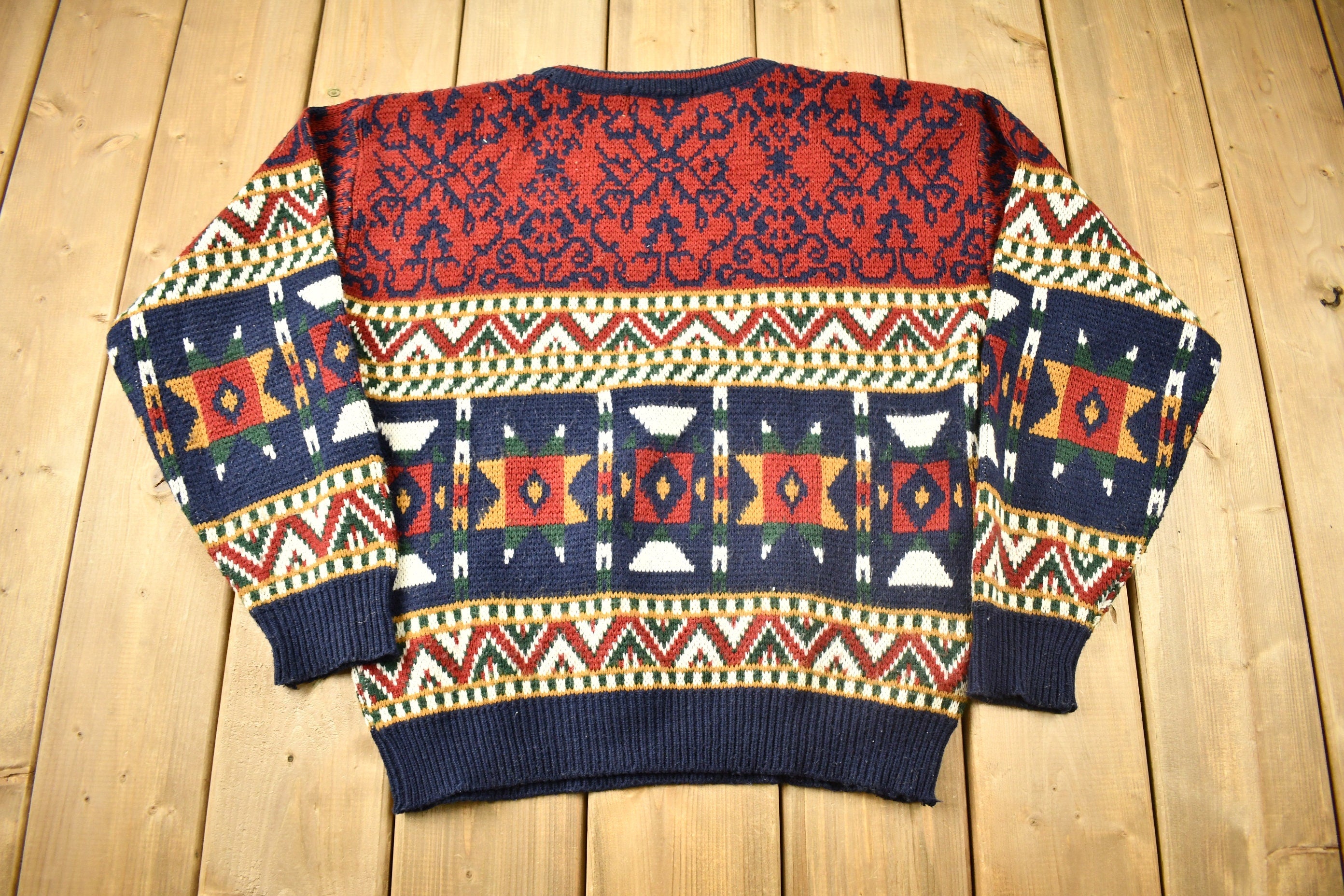 Vintage 1990s Trend Basics Knitted Geometric Crewneck Sweater  Vintage 90s Crewneck  All Over Pattern  Colorful  Abstract Pattern