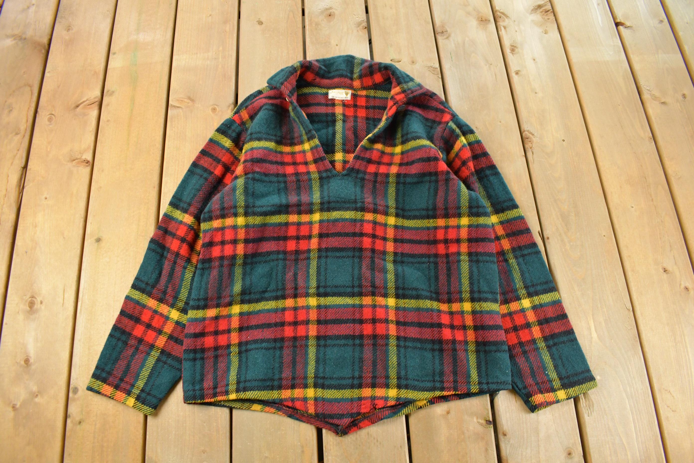 Vintage 1950s Amcrest Tartan Plaid Rangers Pullover Button Up Wool Shirt Men's Medium