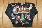 Vintage 1990s Northern Isles Christmas Town Button Up Cable Knit By Hand Crewneck Sweater