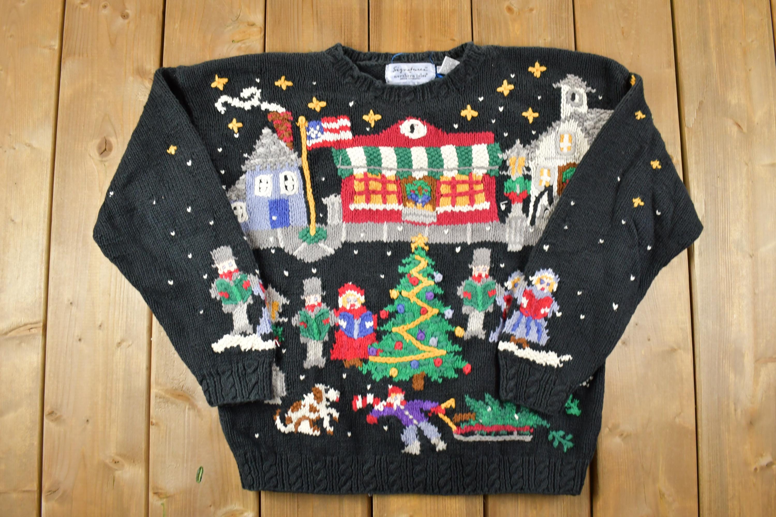 Vintage 1990s Northern Isles Christmas Town Button Up Cable Knit By Hand Crewneck Sweater