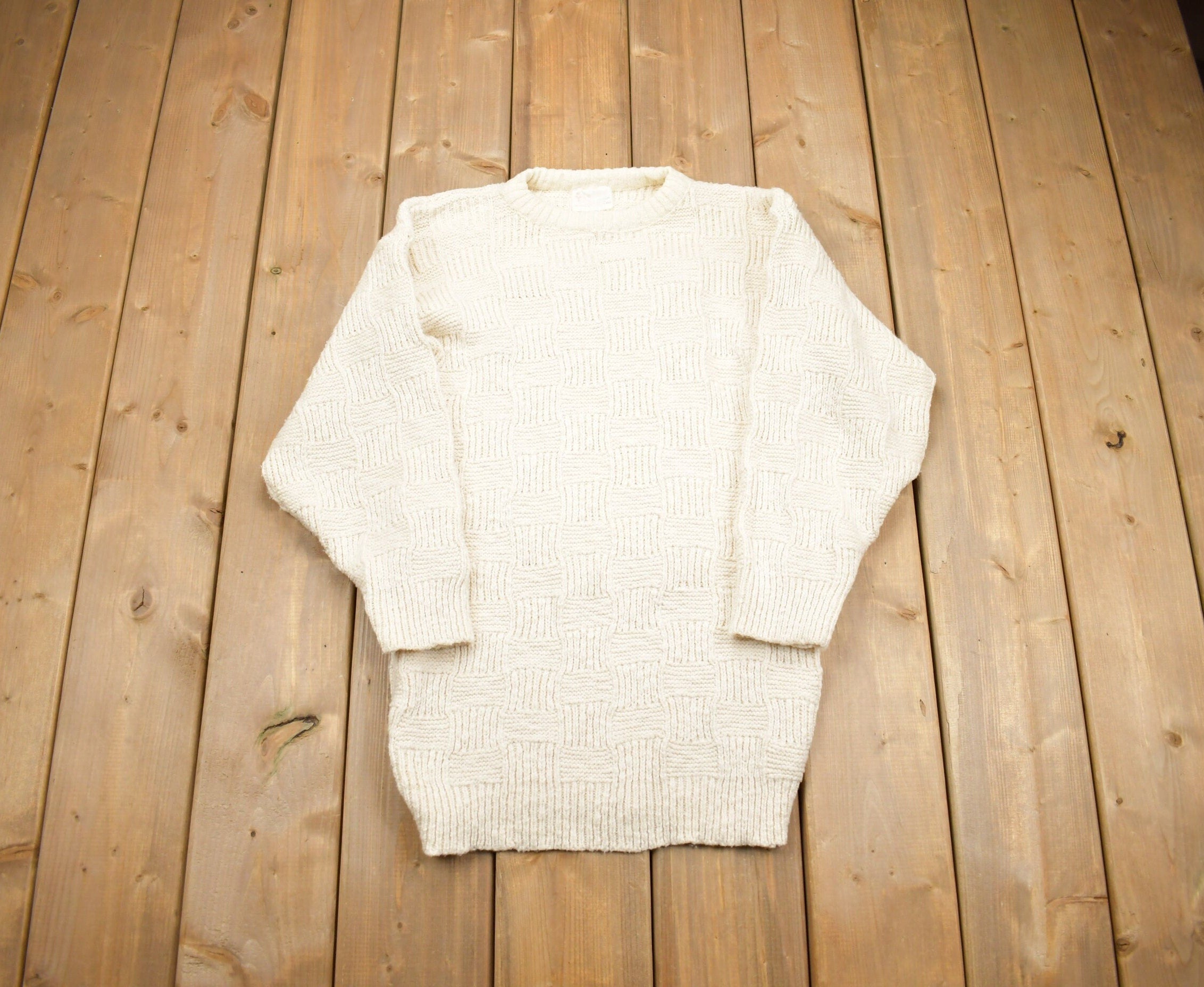 Vintage 1990s White Cable Knit Crewneck Sweater