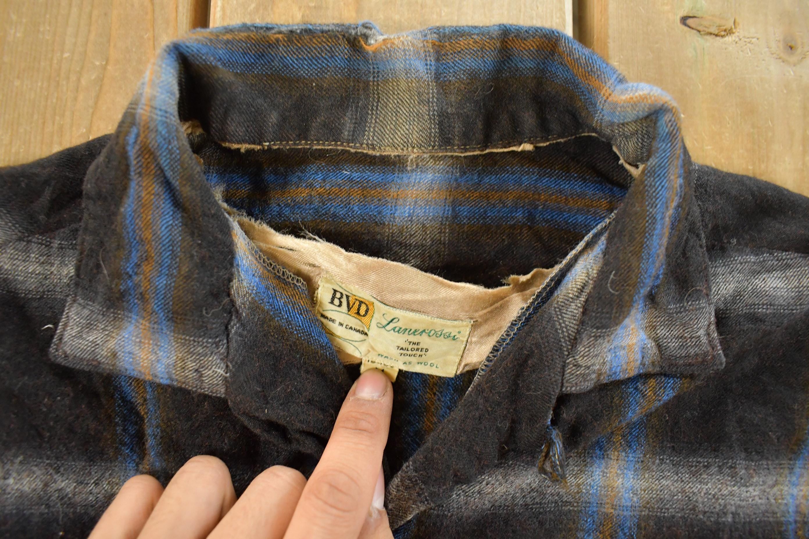 Vintage 1980s Distressed BVD Lanerossi Plaid Wool Flannel Button Up Shirt Men's M