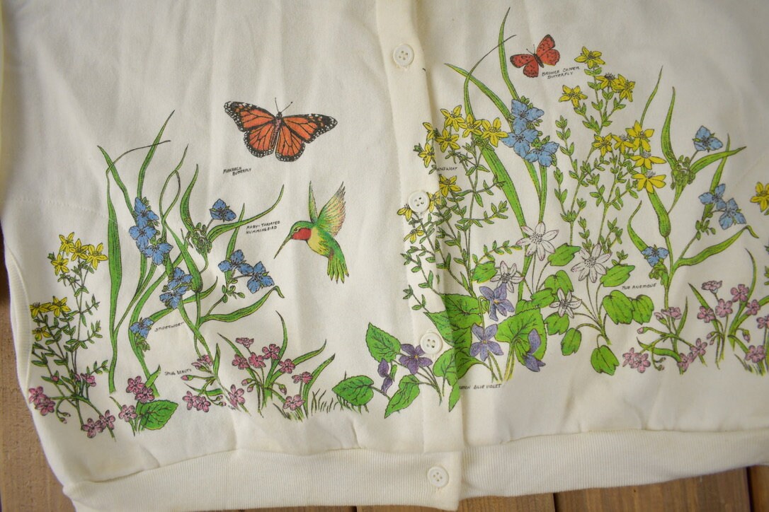 Vintage 1990s Artisans Butterfly Theme All Over Print Button Down Sweater Made In USA