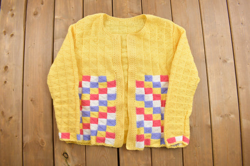 Vintage 1990s Cute Checker Knitted Cardigan Sweater / Grandma / Vintage Cardigan / Button Up / Abstract Pattern