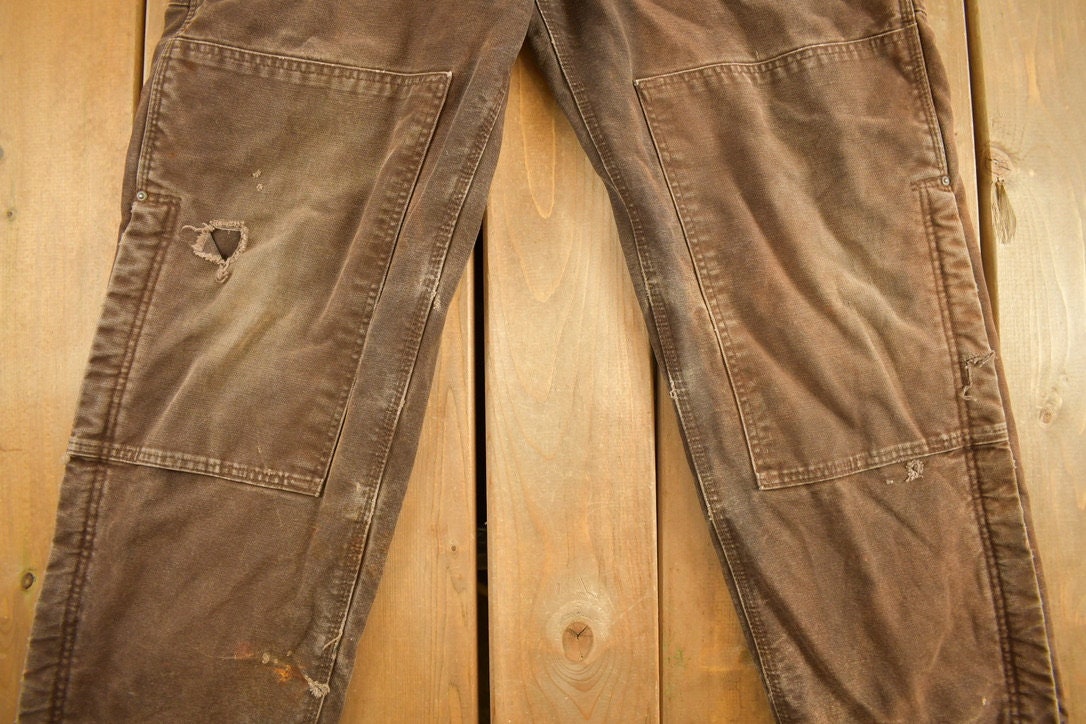 Vintage 1990s Carhartt Chocolate Brown Double Knee Canvas Overalls Size 38 x 30