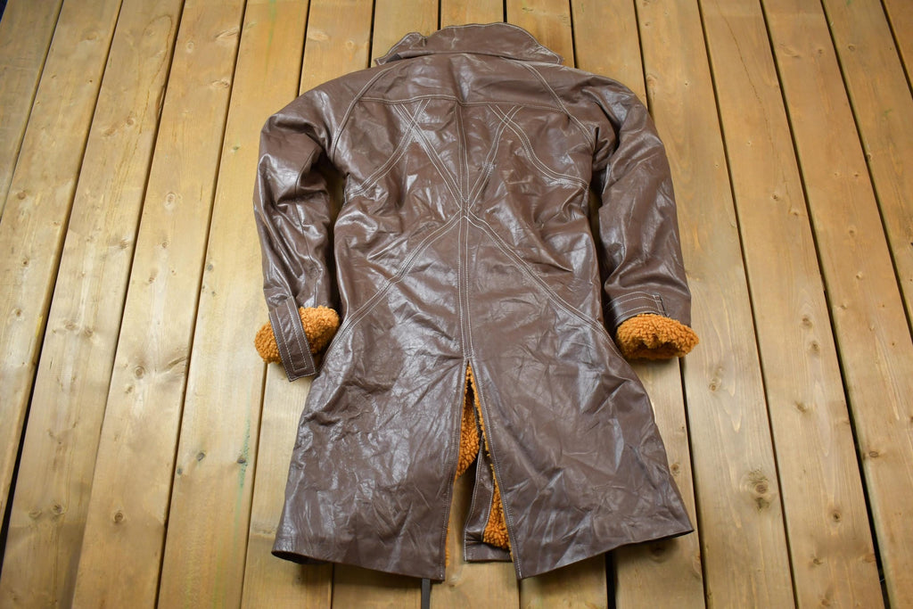 Vintage 1990s Brown Leather Lined Long trench Jacket Made In USA