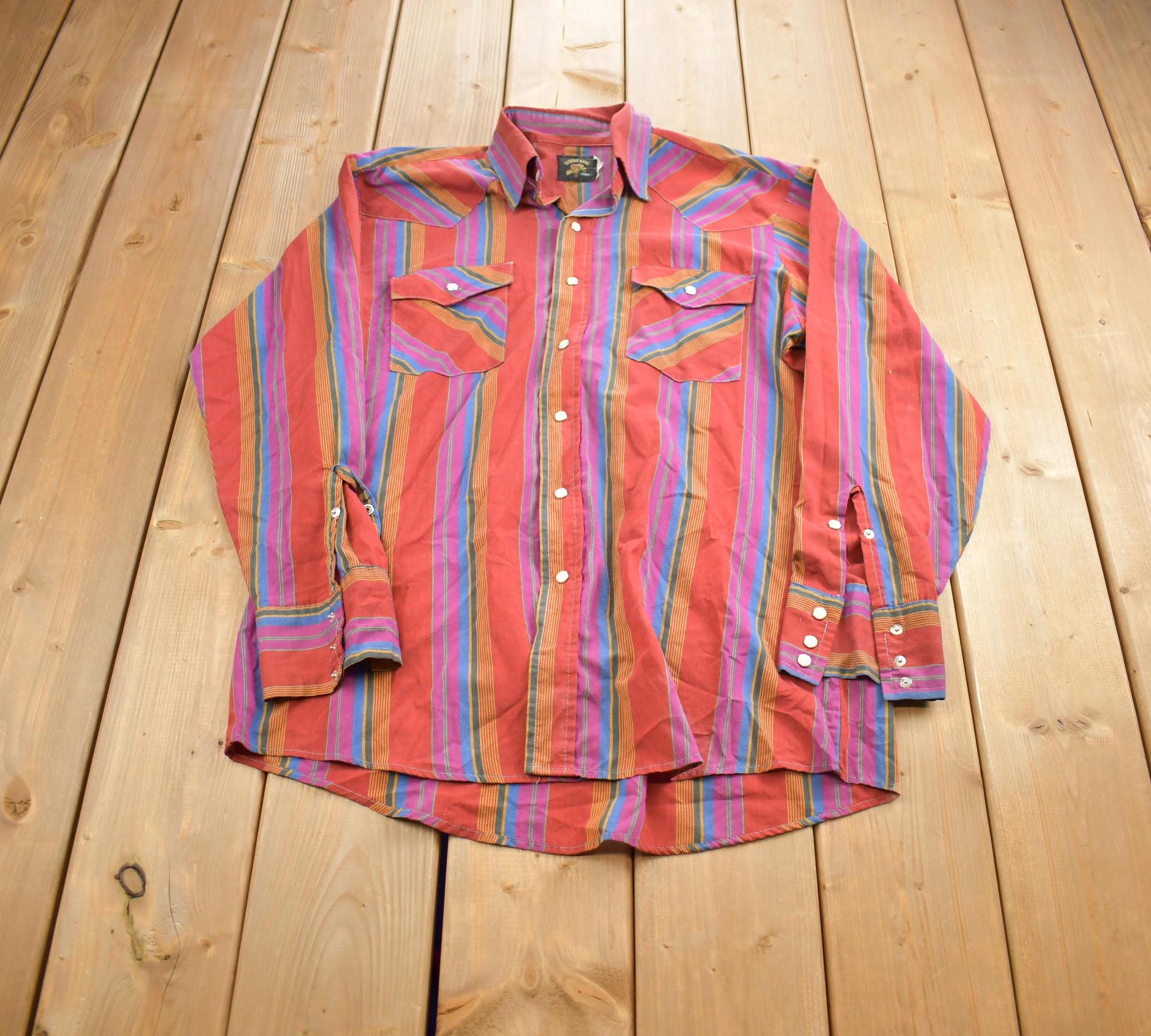Vintage 1980s Saddle King Striped Pearl Snap Button Up Shirt Made In USA