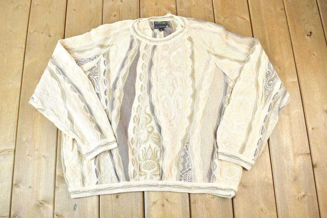 Vintage 1990s Coogi Made In Australia 3D knit 100% Cotton Cream Colour Abstract Pattern Knit Crewneck Sweater