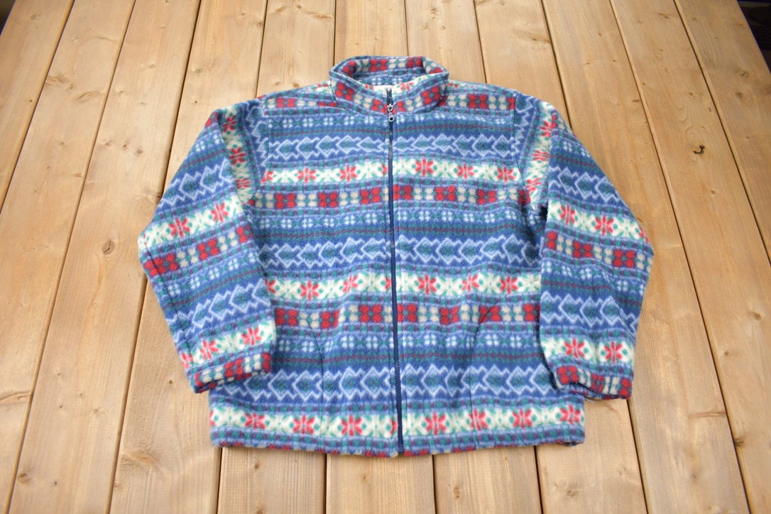 Vintage 1990s Alfred Dunner All Over Print Zip Up Fleece Sweater Size Woman's PS
