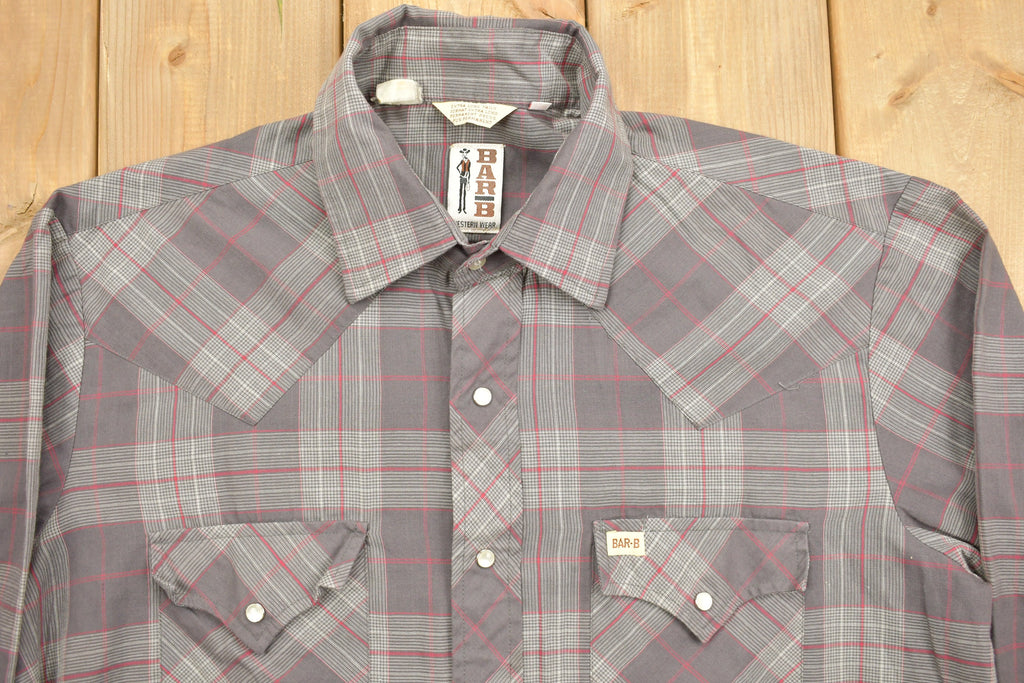 Vintage 1990s Bar B Western Wear Plaid Flannel Button Up Shirt / Rodeo Shirt / Cowboy Shirt / Made In USA / Denim / South Western / Long