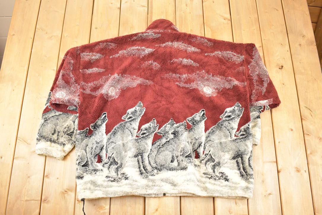 Vintage 1990s Mazmania AOP Howling Wolves Fleece Outdoorsman Sweater Men's XXL