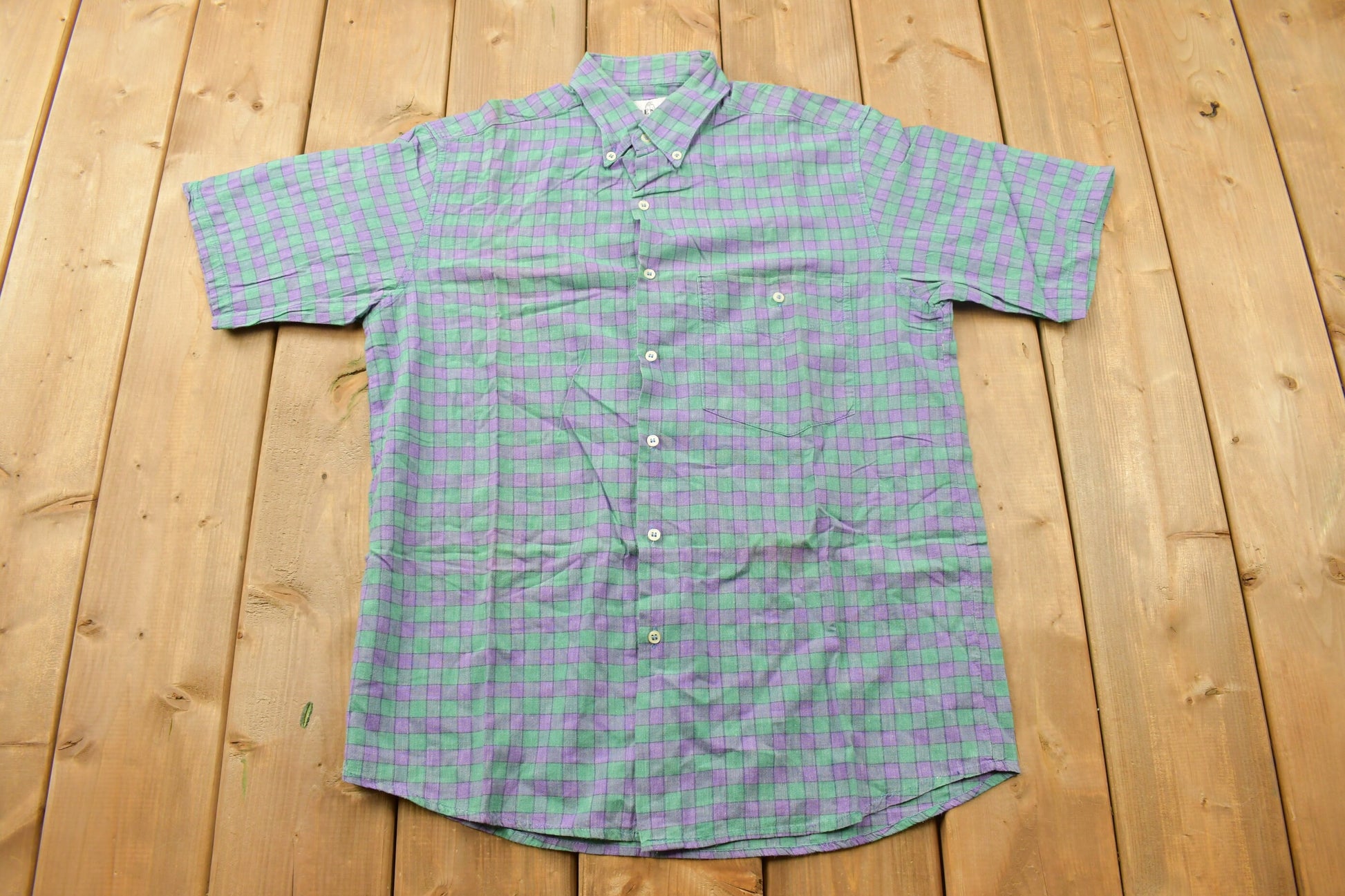 Vintage 1990s Trench Check Plaid Pattern Button Up Shirt  1990s Button Up  Vintage Button Up  Basic Button Up  Short Sleeve Button Up