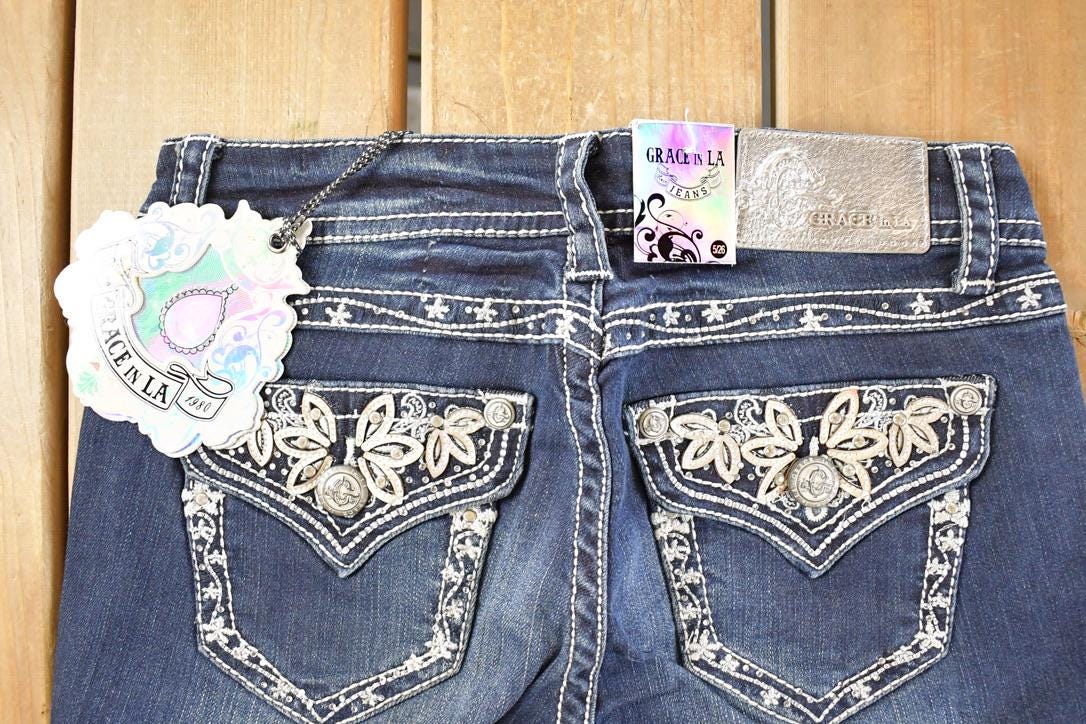 Vintage Deadstock Y2K Grace In LA Bedazzled Bootcut Low Rise Jeans Women's Size 26 x 30