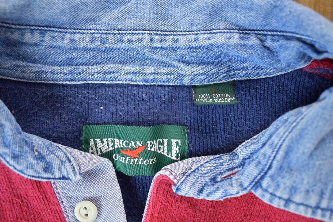 Vintage 1990s American Eagle Corduroy Denim Collar Quarter Button Up Shirt