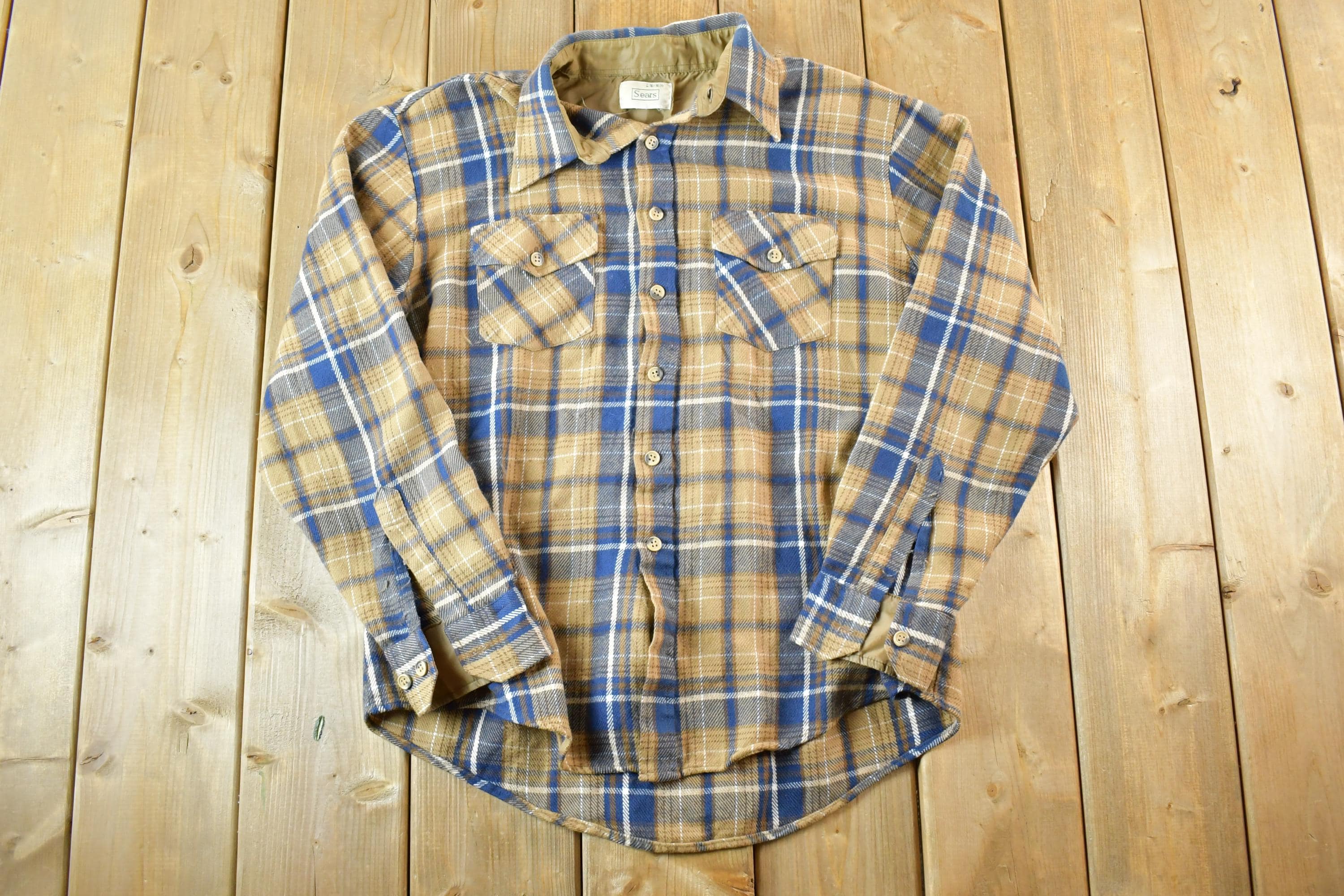 Vintage 1980s Sears Plaid Button Up Shirt Men's L