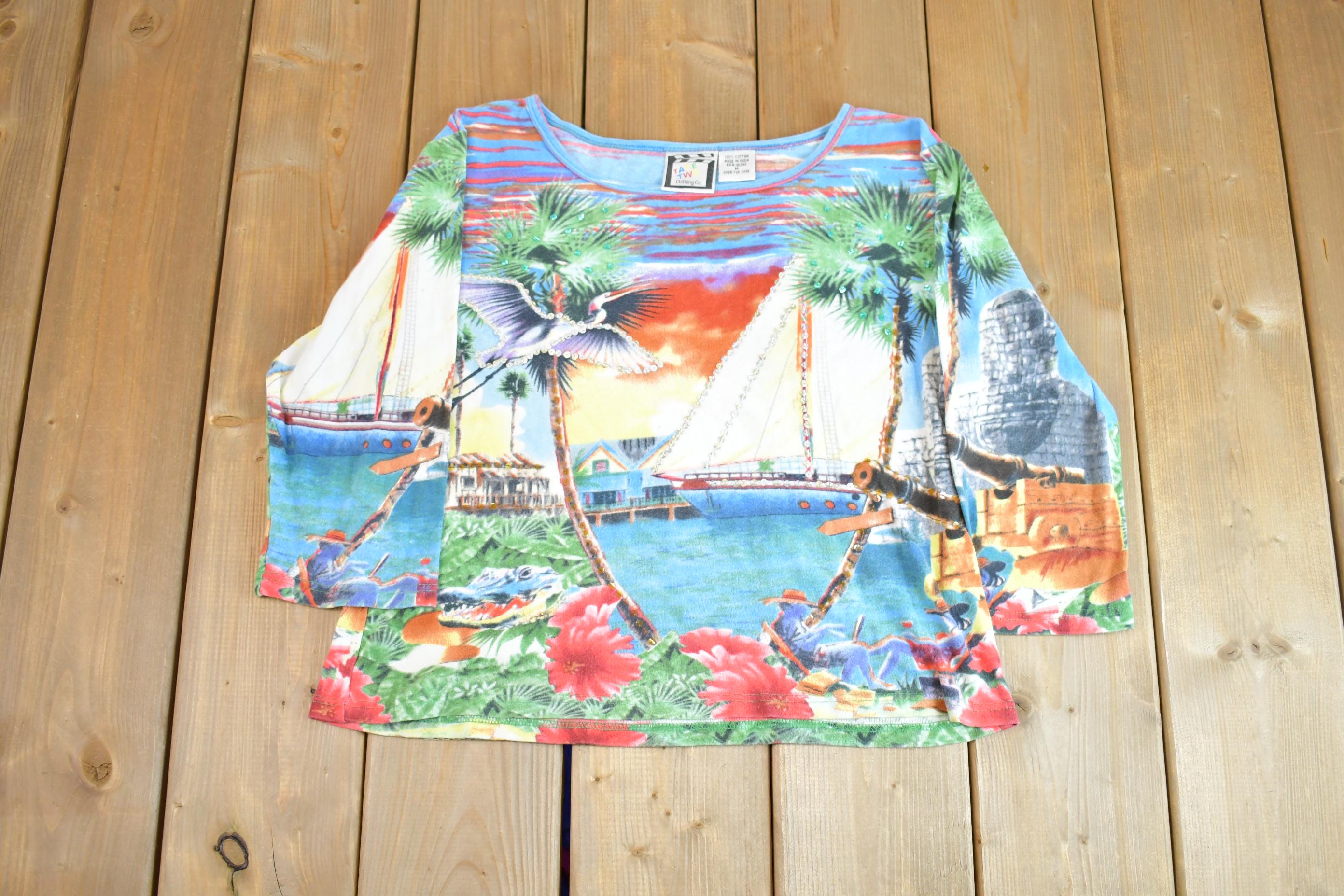 Vintage Y2K Take Two Clothing Co Vacation Sunset Beach Graphic Wrap Around Long Sleeve Shirt