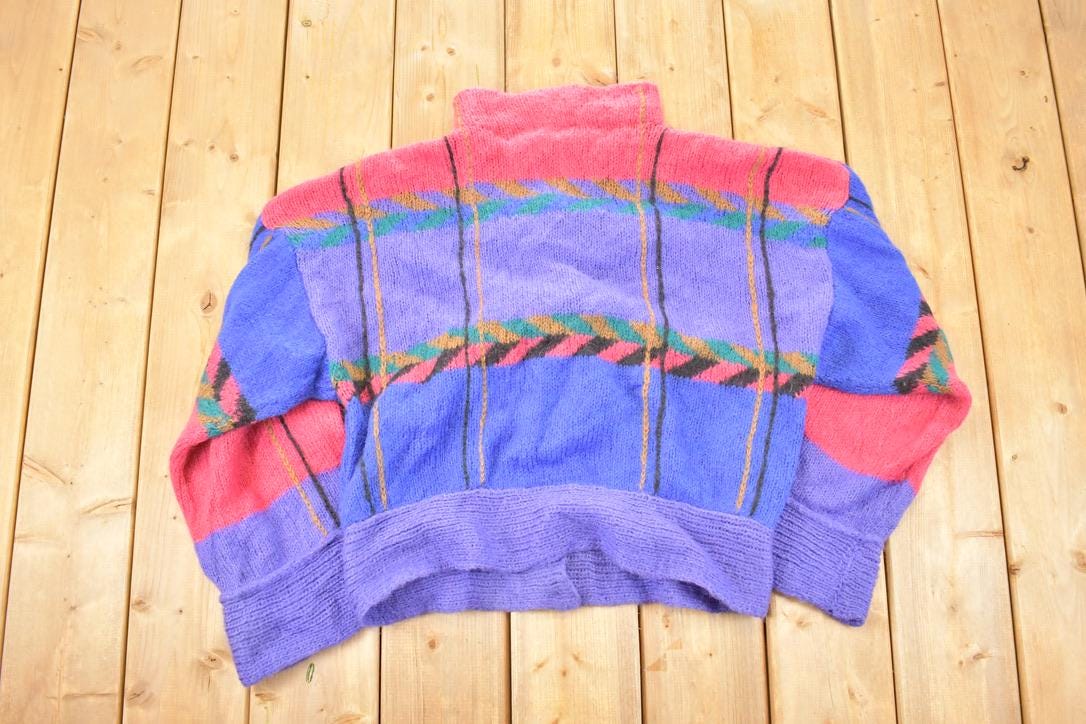 Vintage 1990s Norma Creighton Abstract Hand Knit Cardigan Sweater Women's L