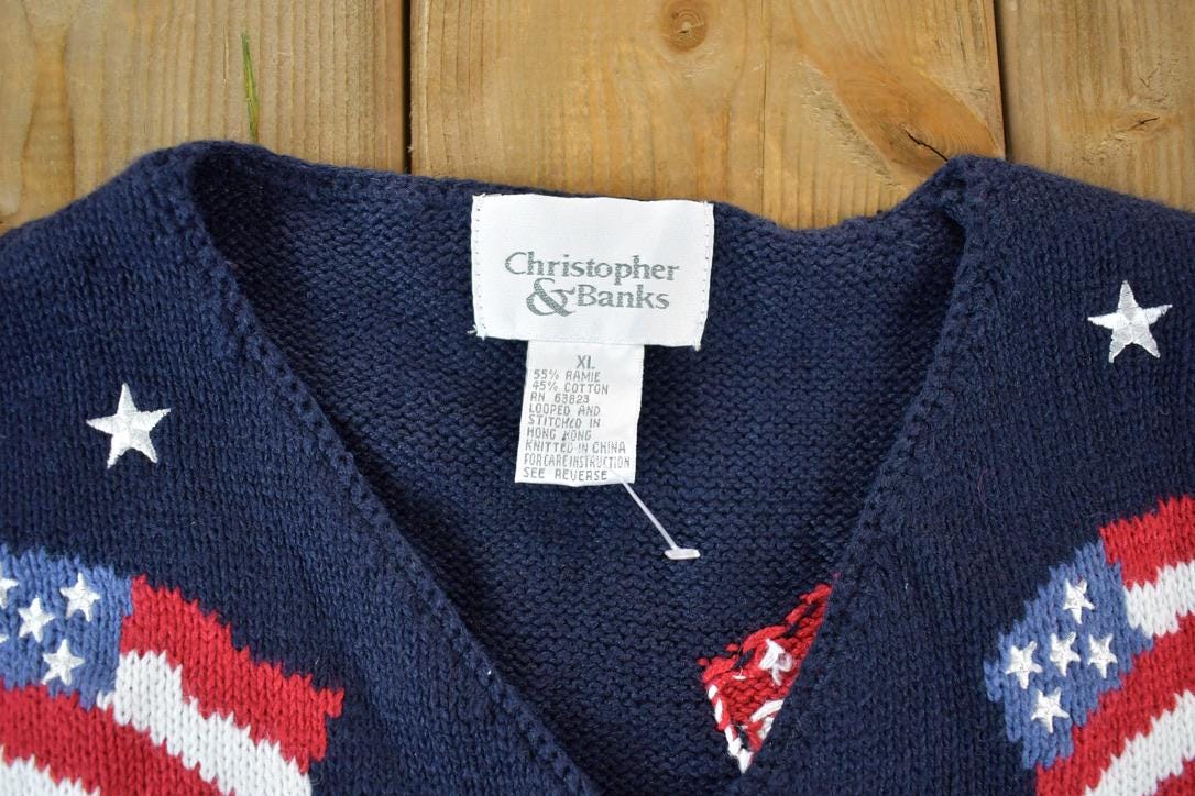 Vintage 1990s Christopher & Banks AOP American Flag Knit Abstract Pattern Cardigan Sweater Vest