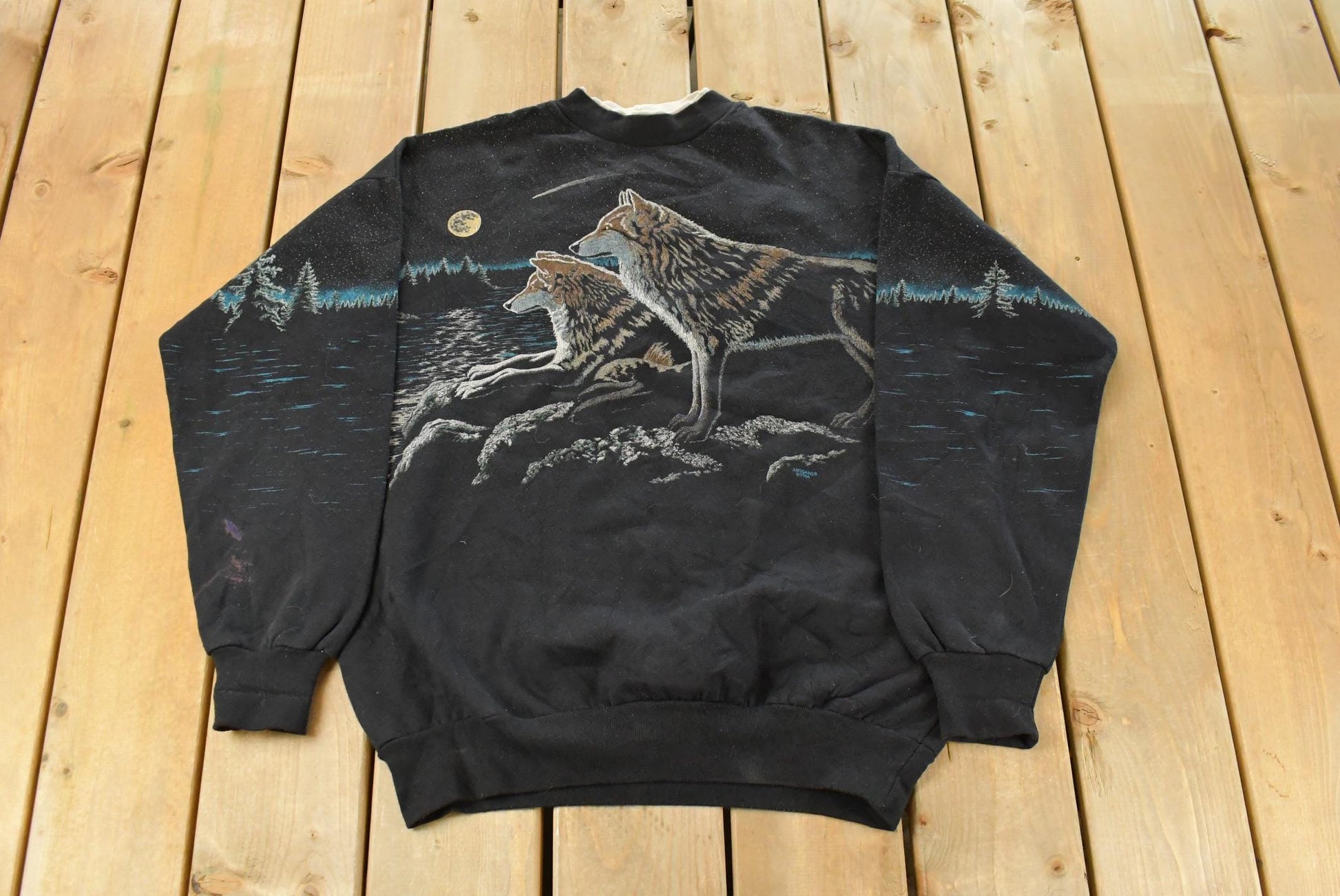Vintage 1990s Artisans Wolf Graphic Henley Crewneck Sweatshirt Mens Large