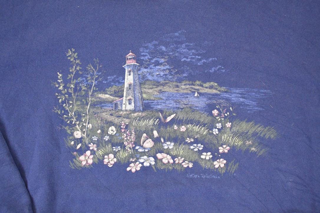 Vintage 1990s Northern Reflections Graphic Print Lighthouses Collared Sweatshirt Men's L