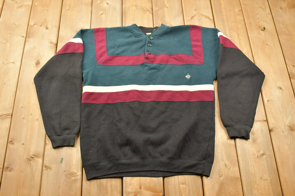 Vintage 1990s Cherokee Sport Quarter Button Striped Sweater
