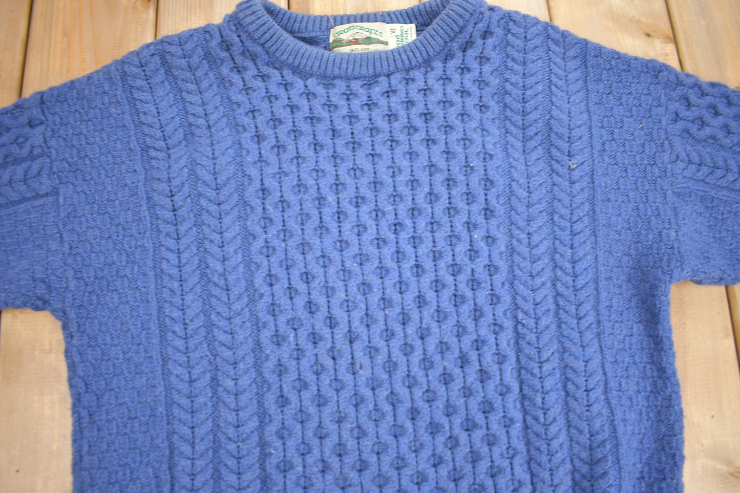 Vintage 1980s Aran Crafts 100% Merino Wool 3D Cable Knit Sweater / Made In Ireland / Blue Wool Sweater