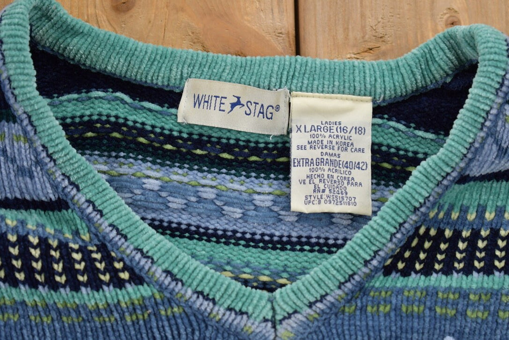 Vintage 1990s Blues Stag Knitted Patchwork Ladies Sweater