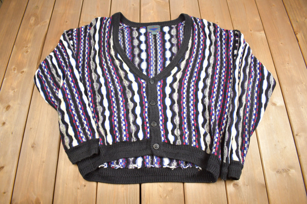 Vintage 1990s Etchings 3-D Knit Cardigan Sweater  Grandpa Sweater  Made in Canada  Vintage Streetwear  Coloured Cable Knit
