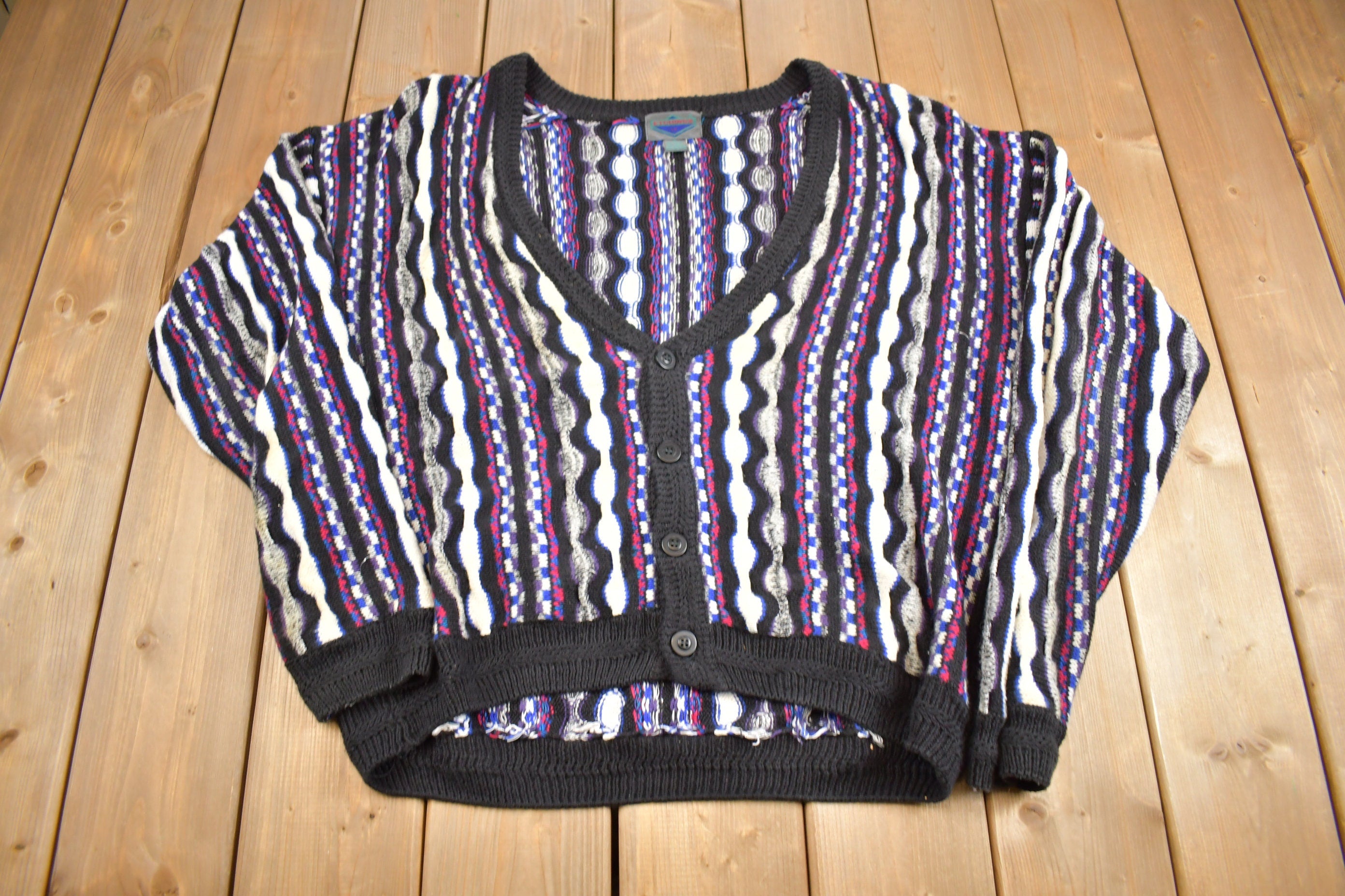Vintage 1990s Etchings 3-D Knit Cardigan Sweater  Grandpa Sweater  Made in Canada  Vintage Streetwear  Coloured Cable Knit
