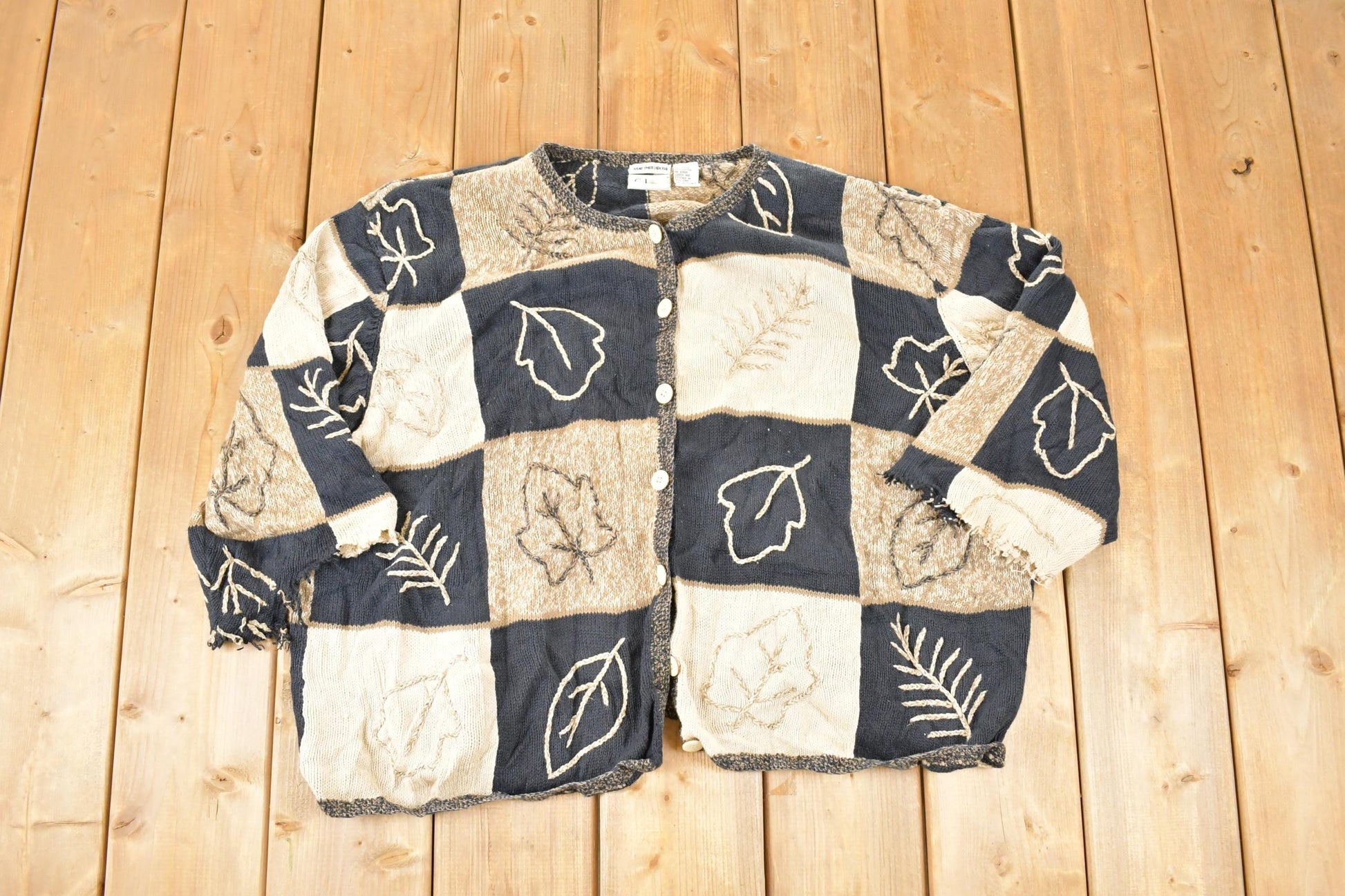 Vintage 1990s C.J Banks Hand Embroidered Leafy Abstract Knit Cardigan Sweater Women's 3X Boxy