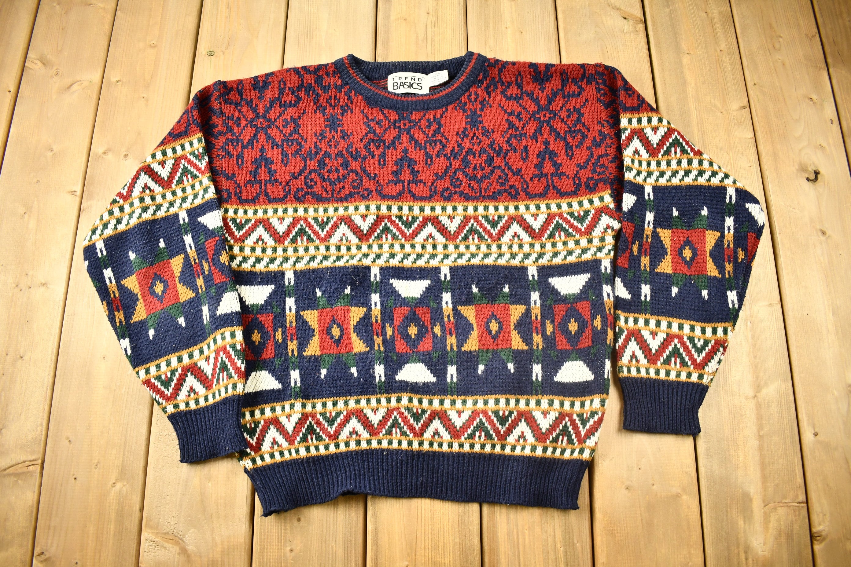Vintage 1990s Trend Basics Knitted Geometric Crewneck Sweater  Vintage 90s Crewneck  All Over Pattern  Colorful  Abstract Pattern