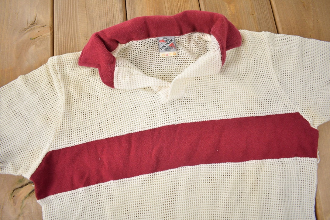Vintage 1980s Striped Mesh Polo Shirt Made In Canada