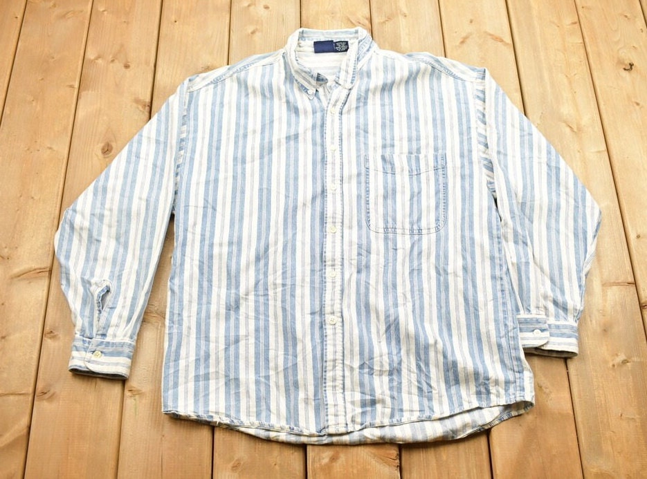 Vintage 1990s Bon Homme Striped Button Up Shirt / 1990s Button Up / Vintage Flannel / Basic Button Up / Formal Button Up