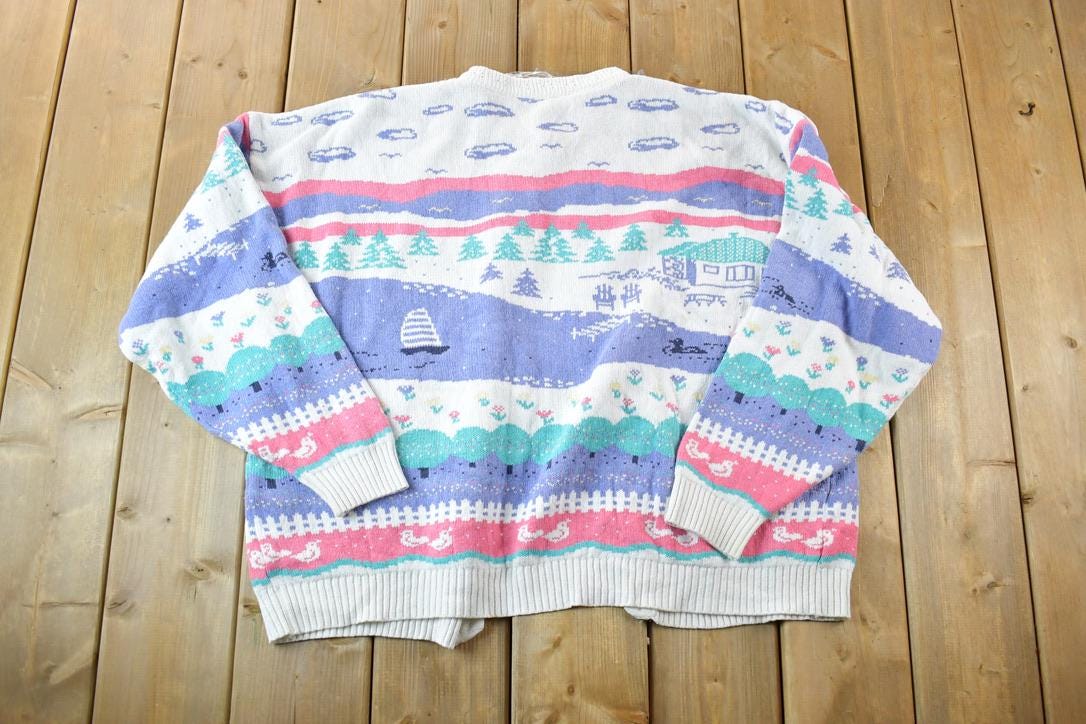 Vintage 1990s Northern Reflections Knit AOP Boating Abstract Pattern Crewneck Sweater