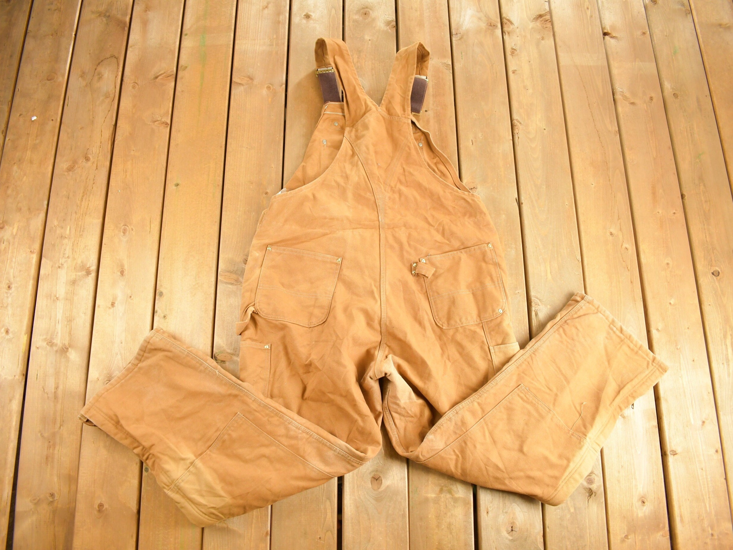 Vintage 1990s Carhartt Quilted Lined Double Knee Canvas Zip Overalls Size 42 x 30