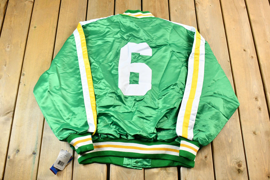Vintage 1990s Hardwood Classics Bill Russell Boston Celtics NBA Basketball Embroidered Snap Button Satin Bomber Jacket