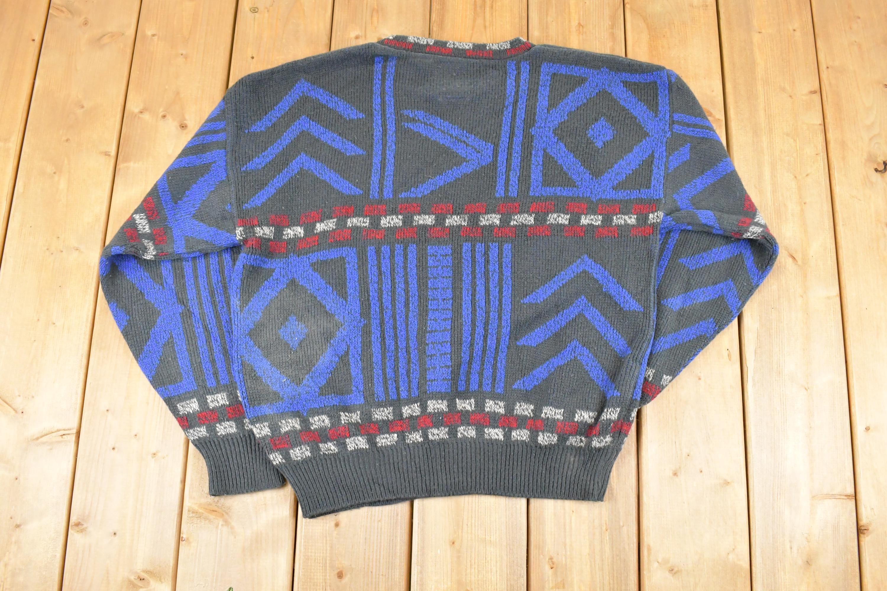 Vintage 1990s K Cosa Leather Patch Abstract Knit Crewneck Sweater Men's L / 90s Knitted Sweatshirt / Vintage Preppy Knits