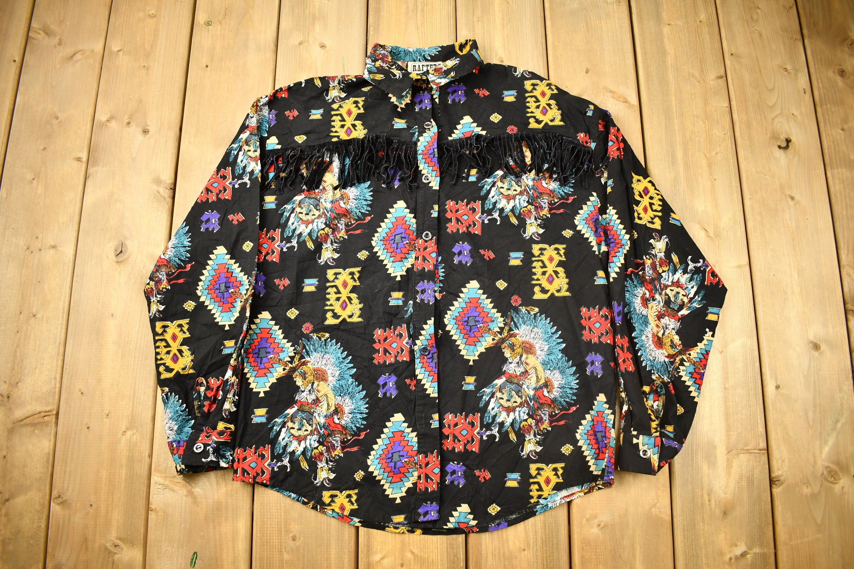 Vintage 1990s Rafter Native American All Over Print Western Style Button Up Shirt