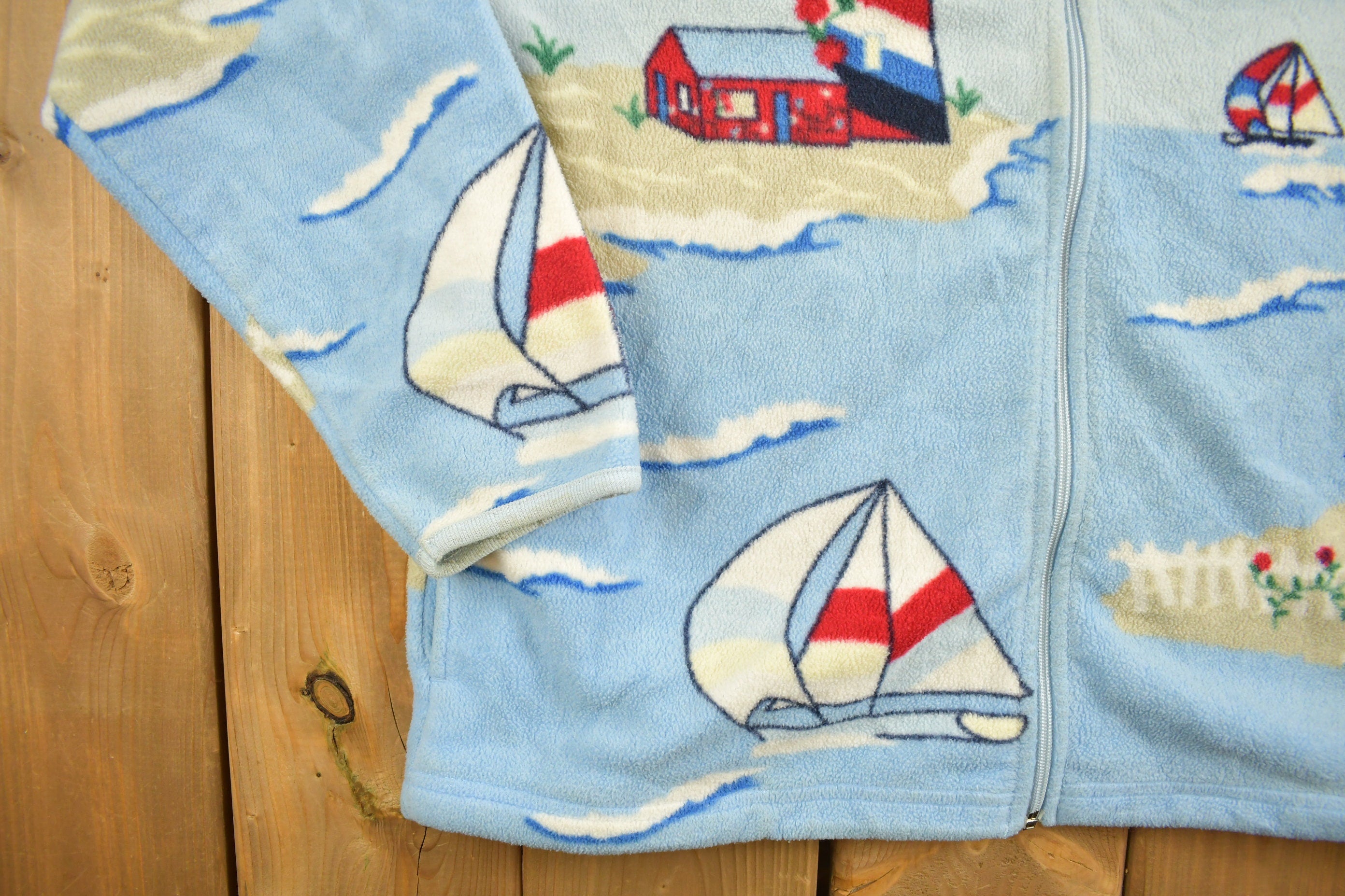 Vintage 1990s Northern Reflections Sailing Boat Theme Fleece Sweater / Streetwear / All Over Pattern / Zip Up Sweater