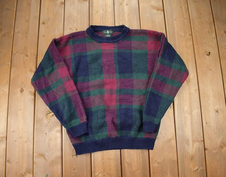 Vintage 1990s Hunt Club Cable Plaid Knit Crewneck Sweater