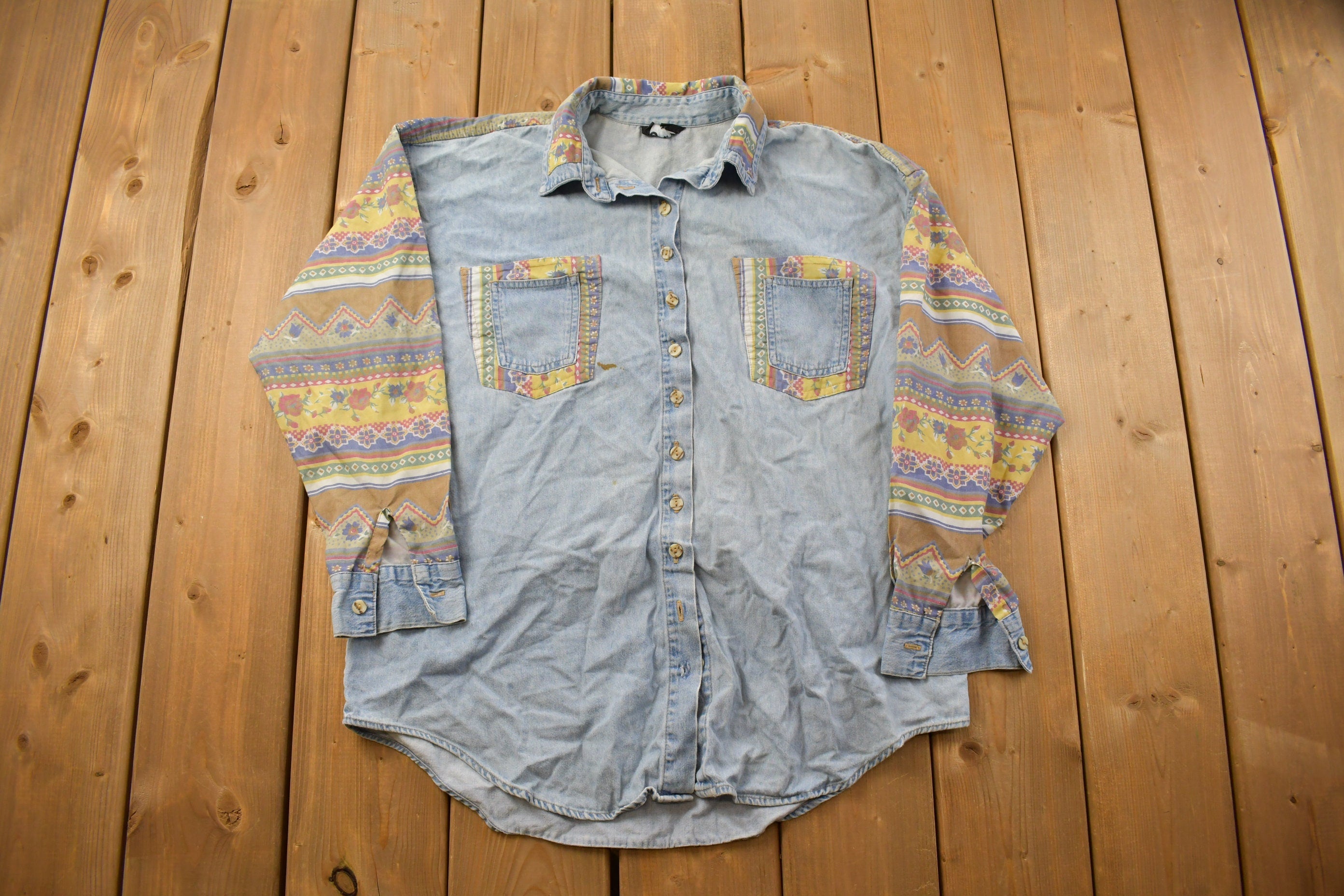 Vintage 1990s SKM Abstract Denim Button Up Shirt