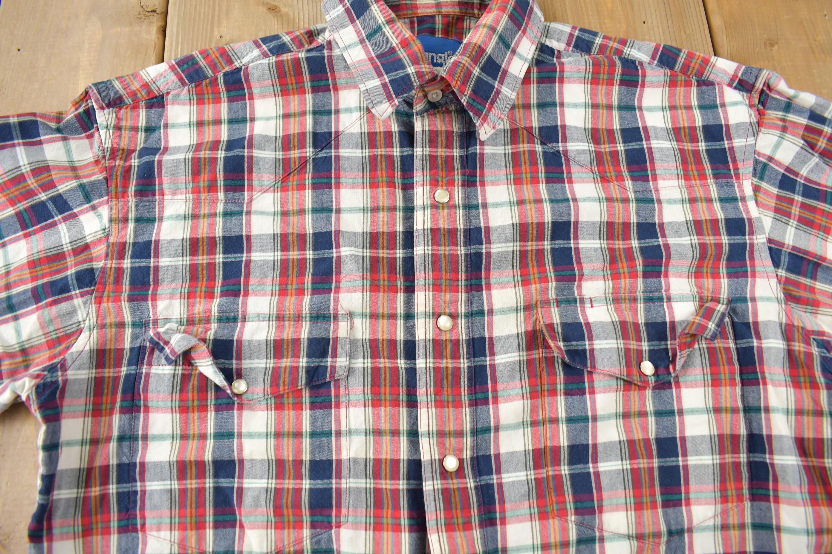 Vintage 1990s Wrangler Western Shirts Pearl Snap Short Sleeve Plaid Button Up Shirt Size M-L