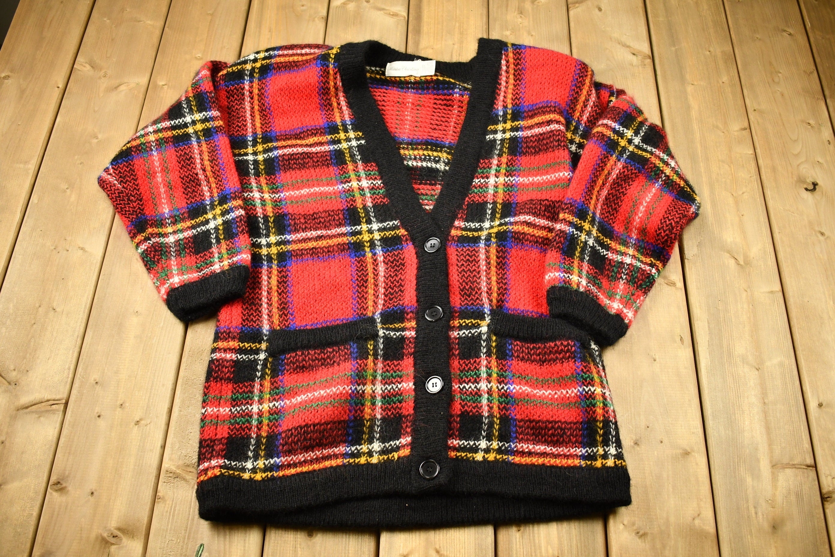 Vintage 1990s Marisa Christina Plaid Mohair Knitted Cardigan Sweater
