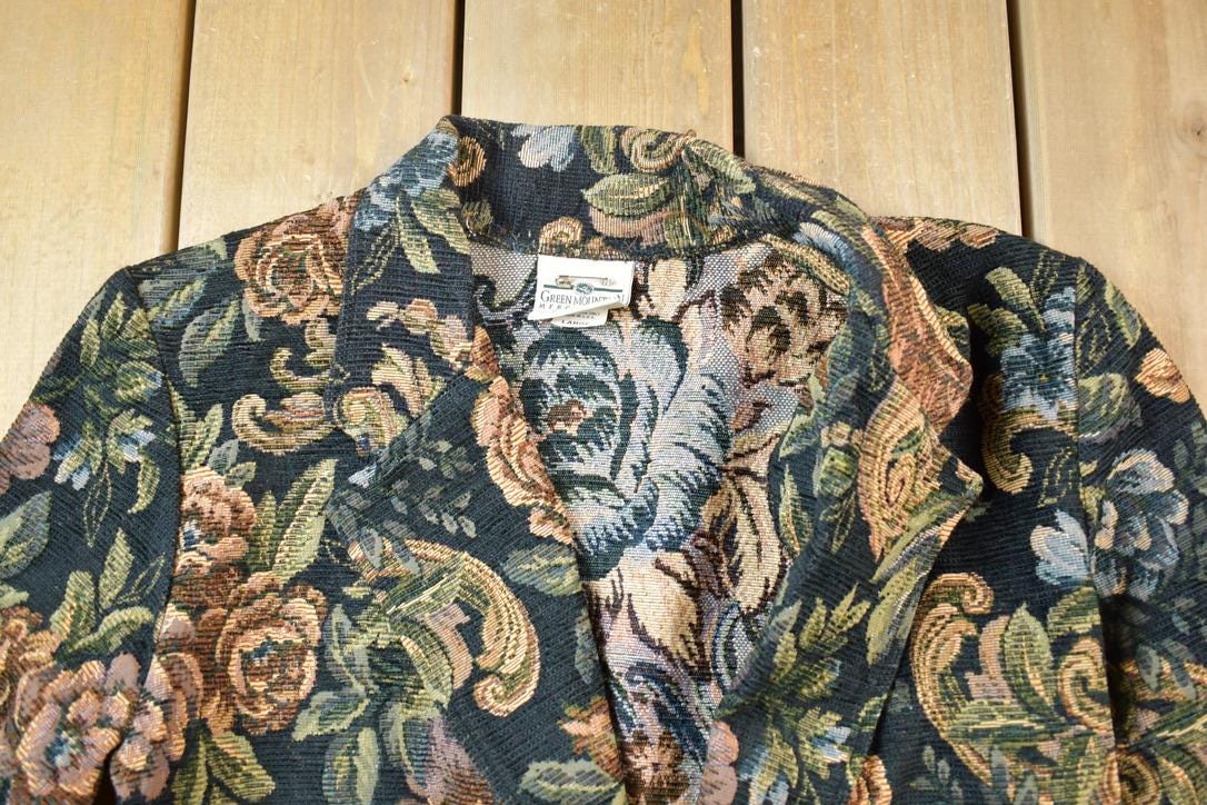 Vintage 1990s Green Mountain Knit Floral Pattern Button Up Dinner Jacket