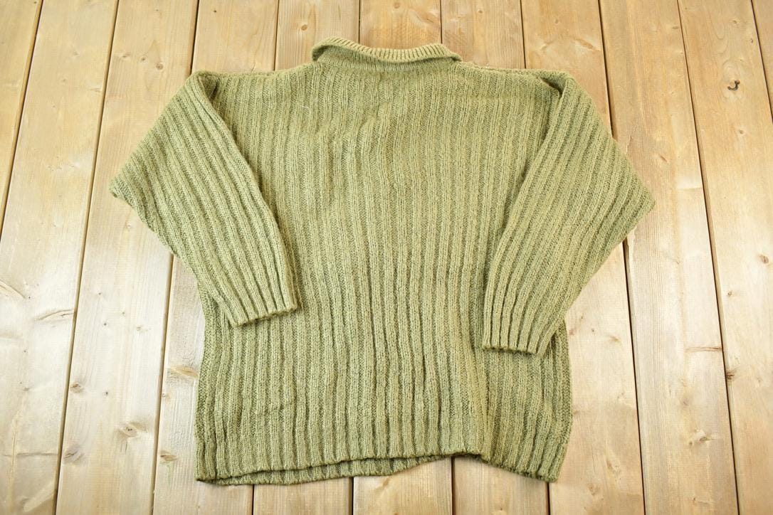 Vintage 1980s Graffiti Olive Cable Knit Quarter Button Collared Sweater Womens L