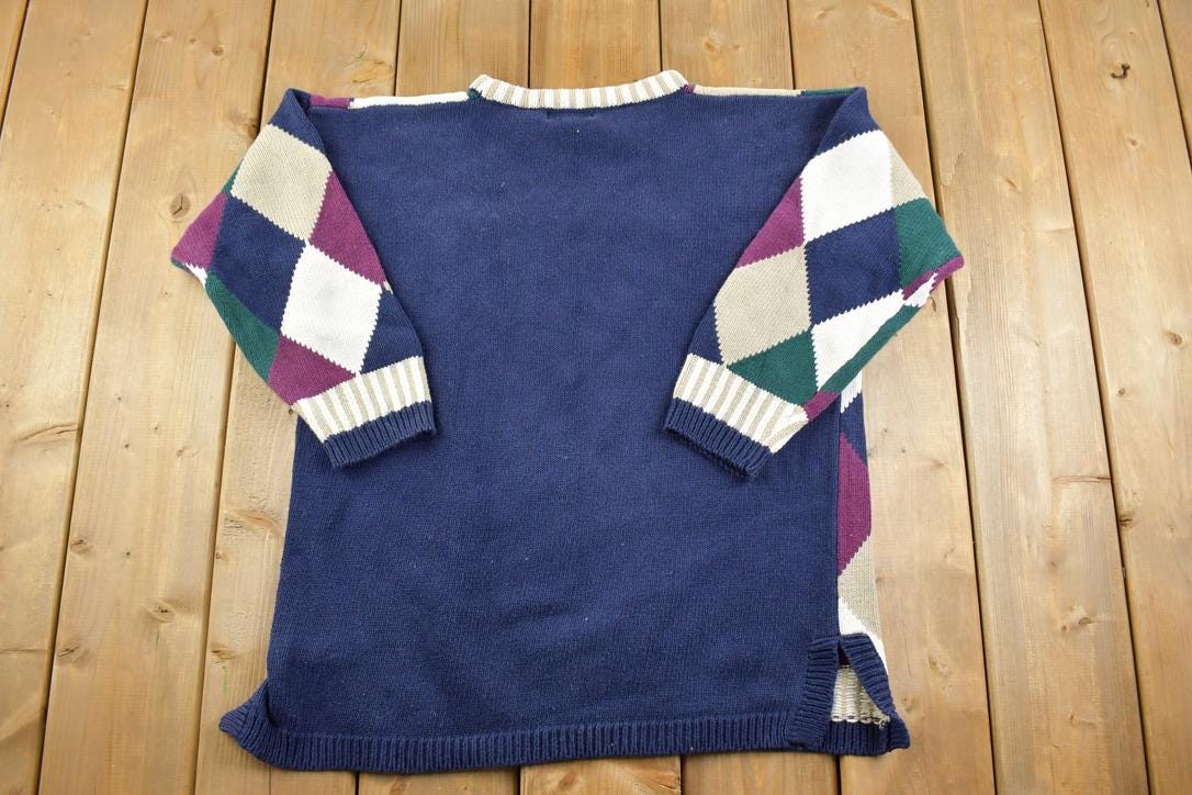 Vintage 1990s Paris Sport Club Knit Crewneck Sweater / 90s Crewneck / Abstract Pattern / Preppy Knit