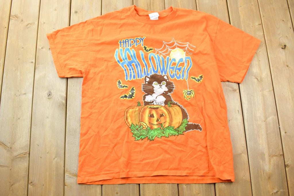 Vintage 1990s Bobbie Brooks Happy Halloween Black Cat Graphic T-Shirt