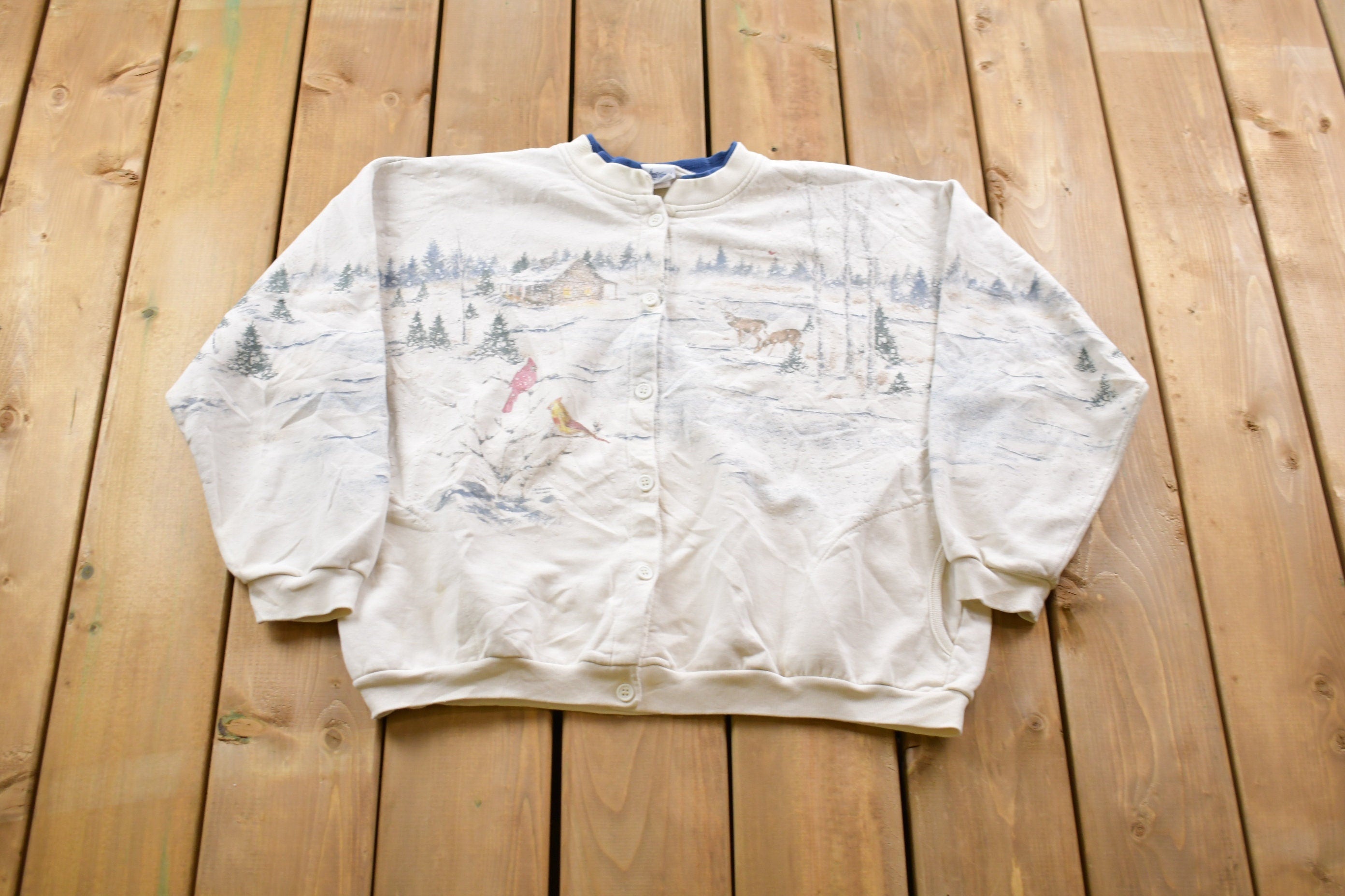 Vintage 1990 Artisans Design Bird Winter Graphic Double Collar Sweatshirt